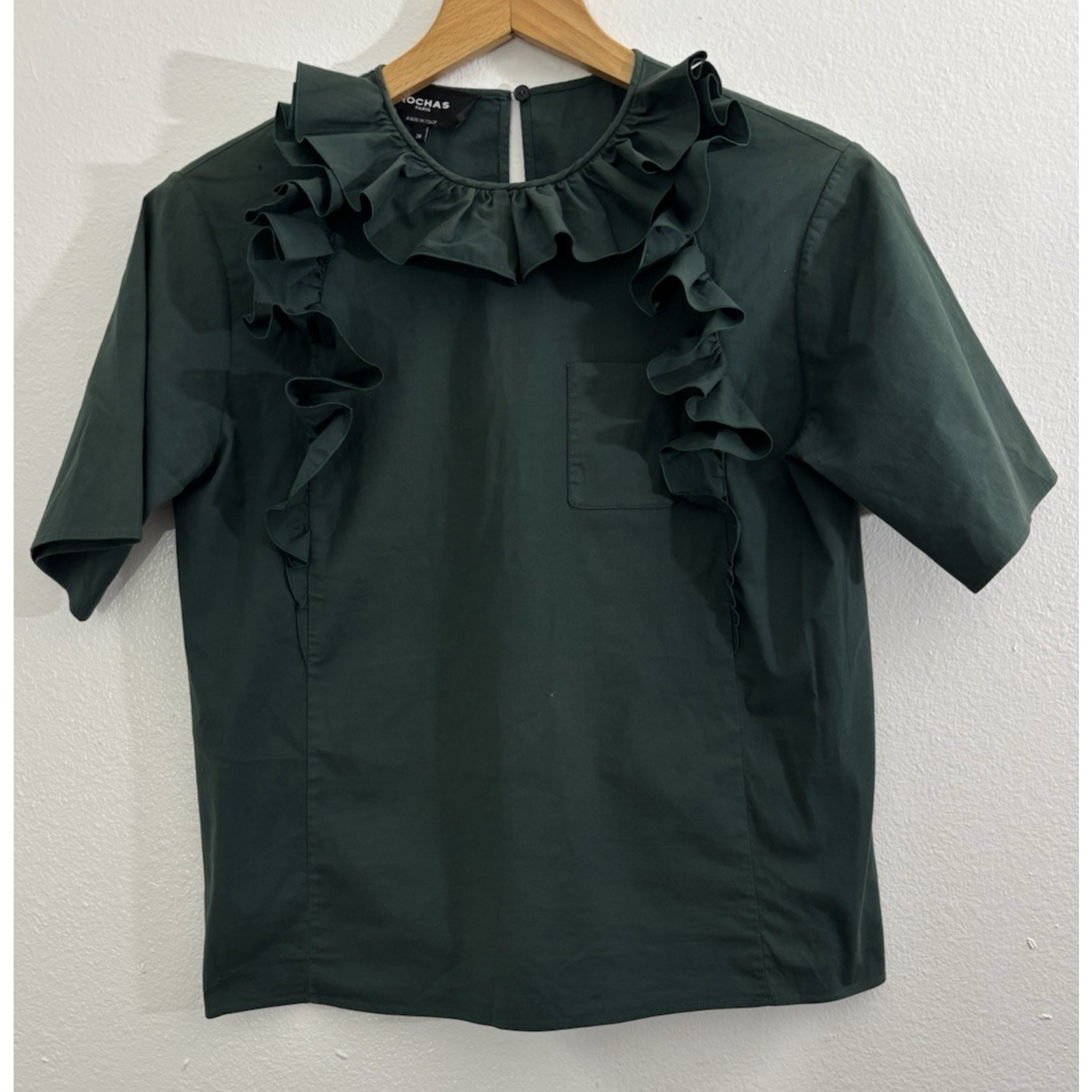 Rochas Paris Made In Italy Ruffle Top Green Solid Cotton Women Size 38
